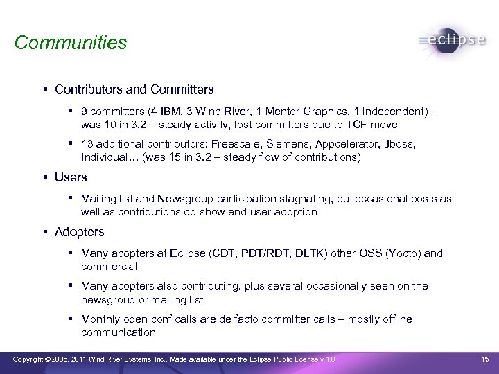 Communities Contributors and Committers 9 committers (4 IBM, 3 Wind River, 1 Mentor Graphics,