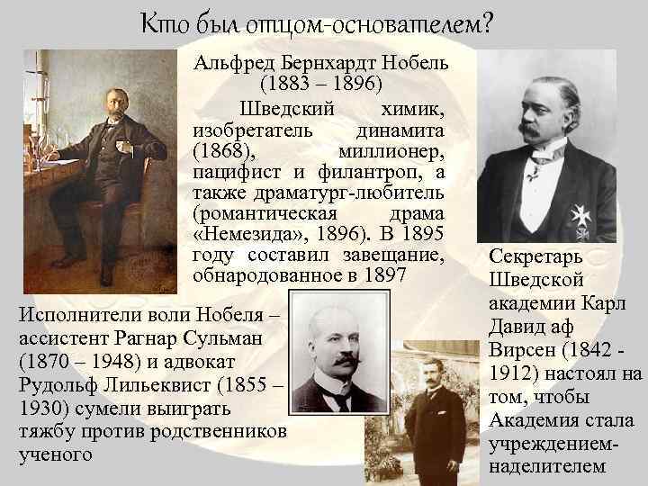 Кто был отцом-основателем? Альфред Бернхардт Нобель (1883 – 1896) Шведский химик, изобретатель динамита (1868),