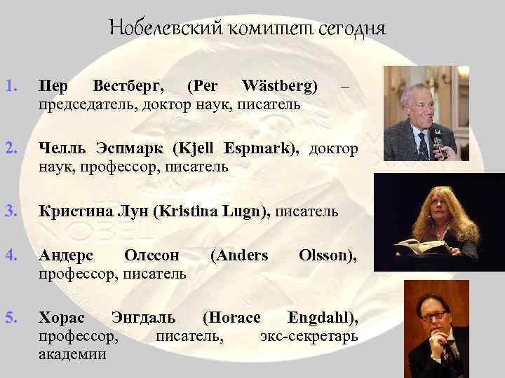 Нобелевский комитет сегодня 1. Пер Вестберг, (Per Wästberg) председатель, доктор наук, писатель 2. Челль