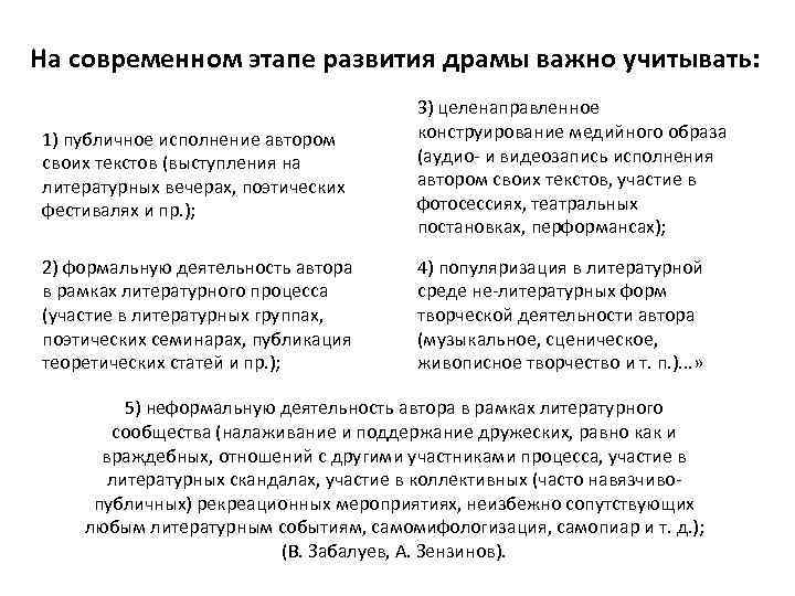 На современном этапе развития драмы важно учитывать: 1) публичное исполнение автором своих текстов (выступления