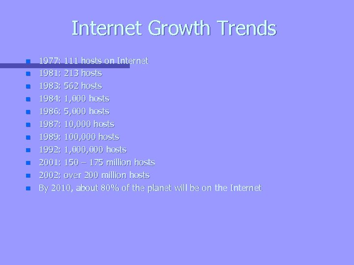 Internet Growth Trends n n n 1977: 111 hosts on Internet 1981: 213 hosts