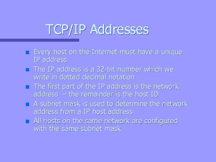 TCP/IP Addresses n n n Every host on the Internet must have a unique