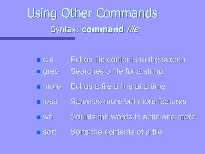 Using Other Commands Syntax: command file cat n grep n Echos file contents to