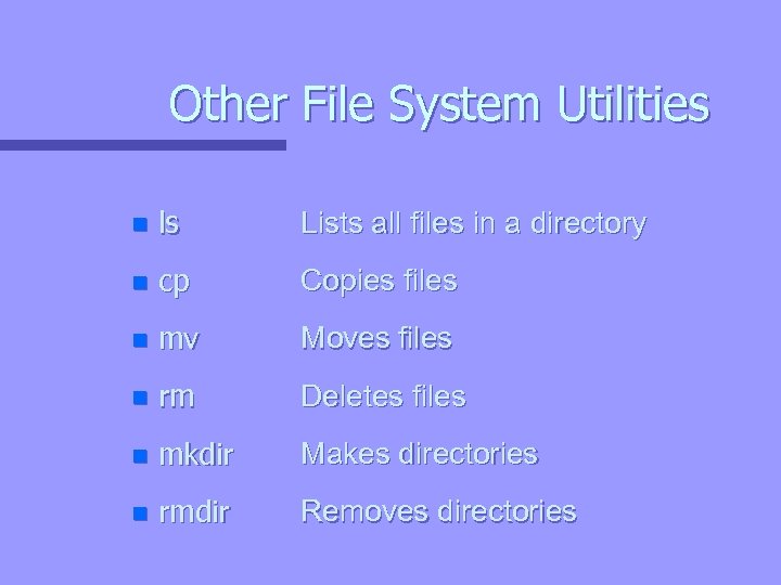 Other File System Utilities n ls Lists all files in a directory n cp