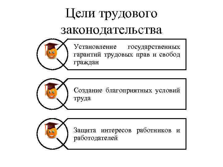 Цели трудового законодательства Установление государственных гарантий трудовых прав и свобод граждан Создание благоприятных условий