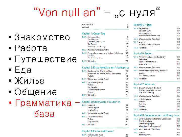 “Von null an” – „с нуля“ • Знакомство • Работа • Путешествие • Еда