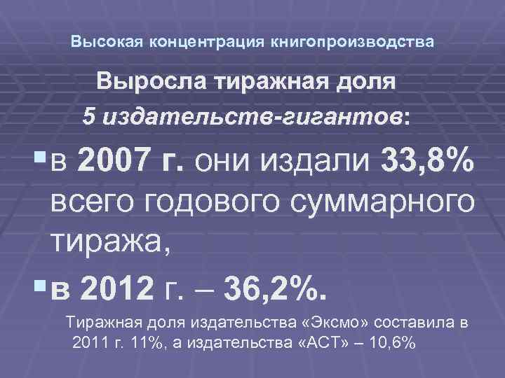 Высокая концентрация книгопроизводства Выросла тиражная доля 5 издательств-гигантов: §в 2007 г. они издали 33,
