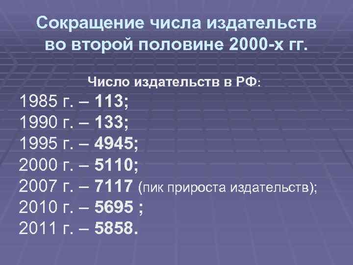 Сокращение числа издательств во второй половине 2000 -х гг. Число издательств в РФ: 1985