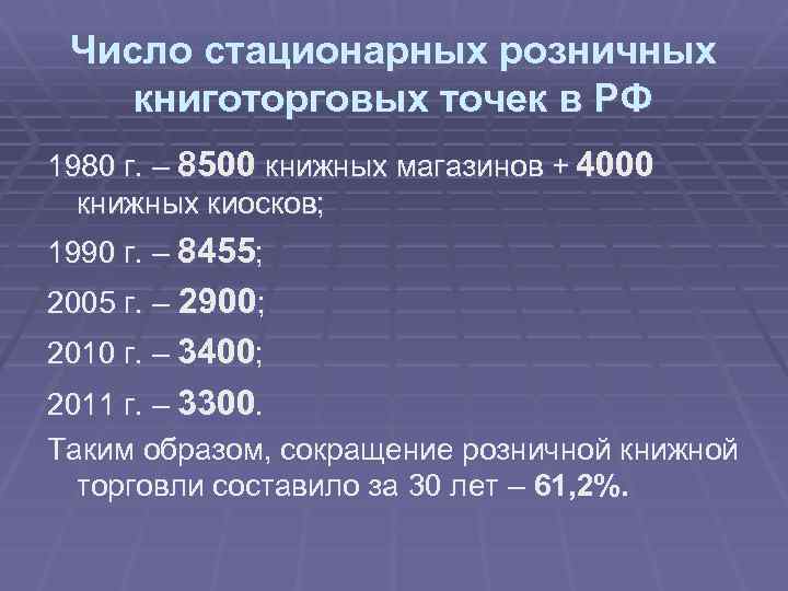 Число стационарных розничных книготорговых точек в РФ 1980 г. – 8500 книжных магазинов +