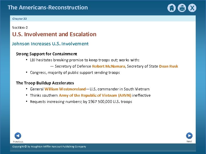 The Americans-Reconstruction Chapter 22 Section-2 U. S. Involvement and Escalation Johnson Increases U. S.