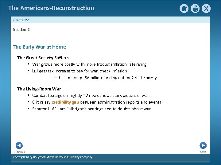 The Americans-Reconstruction Chapter 22 Section-2 The Early War at Home The Great Society Suffers