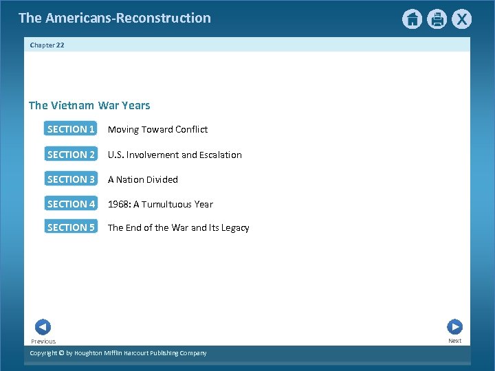 The Americans-Reconstruction Chapter 22 The Vietnam War Years SECTION 1 Moving Toward Conflict SECTION