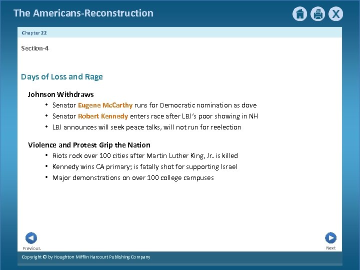 The Americans-Reconstruction Chapter 22 Section-4 Days of Loss and Rage Johnson Withdraws • Senator