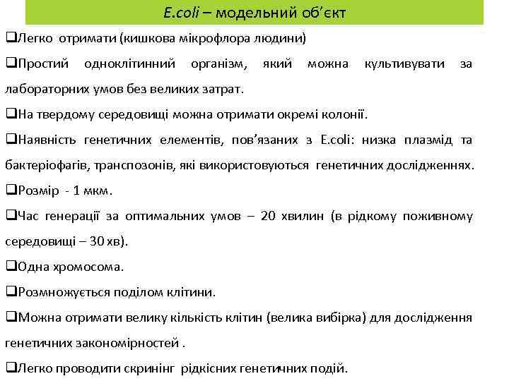 E. coli – модельний об’єкт q. Легко отримати (кишкова мікрофлора людини) q. Простий одноклітинний