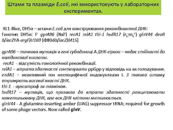Штами та плазміди E. coli, які використовують у лабораторних експериментах. XL 1 -Blue, DH
