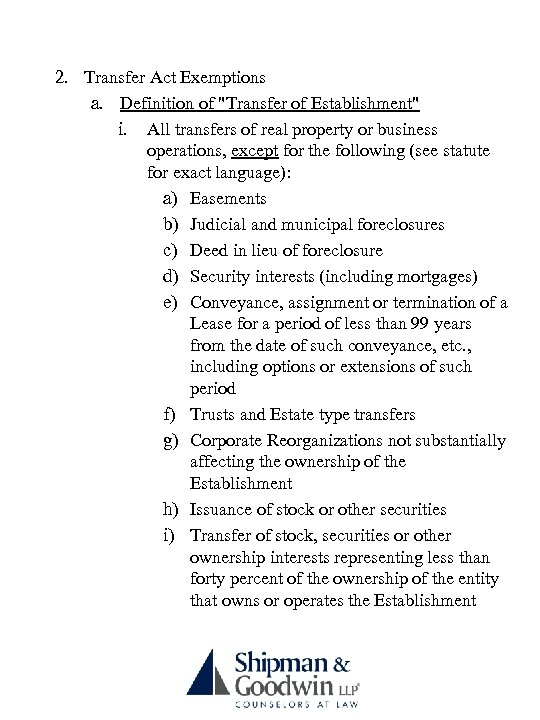2. Transfer Act Exemptions a. Definition of "Transfer of Establishment" i. All transfers of