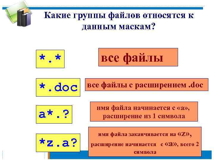 Какие группы файлов относятся к данным маскам? *. * *. doc a*. ? *z.
