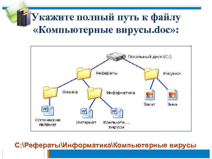 Укажите полный путь к файлу «Компьютерные вирусы. doc» : С: РефератыИнформатикаКомпьютерные вирусы 
