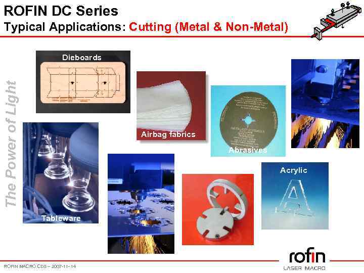 ROFIN DC Series Typical Applications: Cutting (Metal & Non-Metal) The Power of Light Dieboards