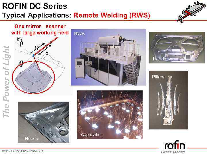 ROFIN DC Series Typical Applications: Remote Welding (RWS) The Power of Light One mirror