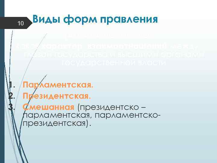 10 Виды форм правления различаются от того, каков характер взаимоотношений между главой государства и
