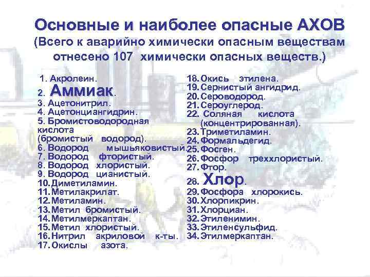 Основные и наиболее опасные АХОВ (Всего к аварийно химически опасным веществам отнесено 107 химически