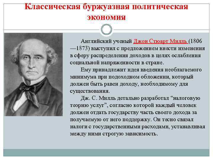Классическая буржуазная политическая экономия Английский ученый Джон Стюарт Милль (1806 — 1873) выступил с