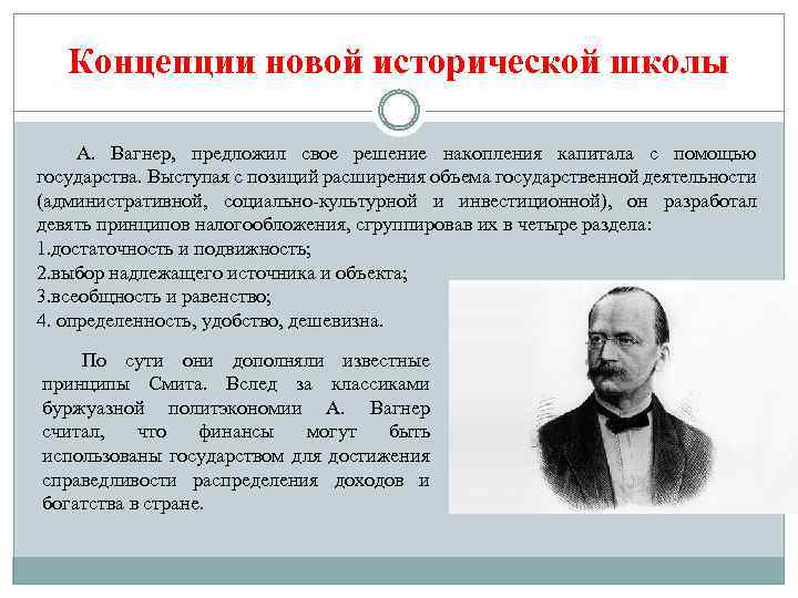 Концепции новой исторической школы А. Вагнер, предложил свое решение накопления капитала с помощью государства.