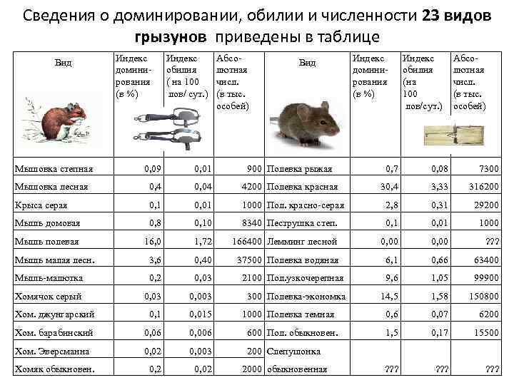 Сведения о доминировании, обилии и численности 23 видов грызунов приведены в таблице Вид Индекс