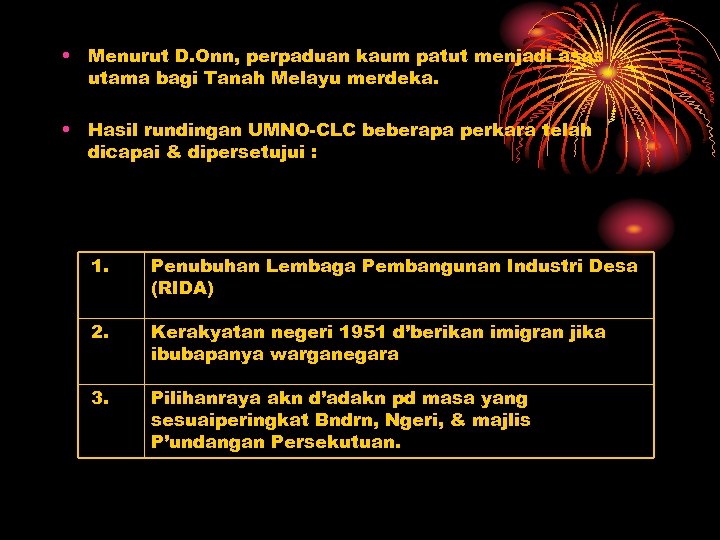  • Menurut D. Onn, perpaduan kaum patut menjadi asas utama bagi Tanah Melayu