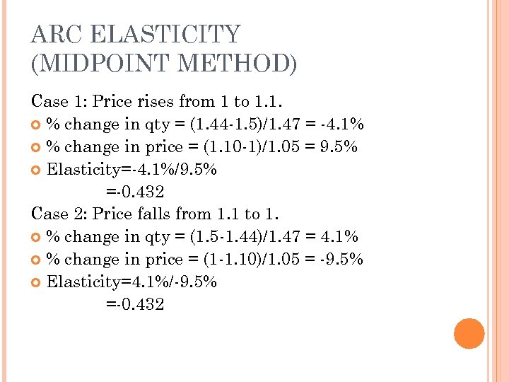 ARC ELASTICITY (MIDPOINT METHOD) Case 1: Price rises from 1 to 1. 1. %