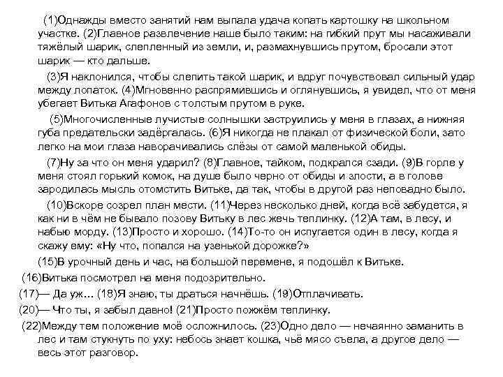  (1)Однажды вместо занятий нам выпала удача копать картошку на школьном участке. (2)Главное развлечение