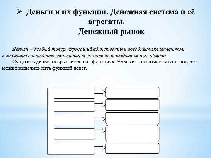 Ø Деньги и их функции. Денежная система и её агрегаты. Денежный рынок Деньги –