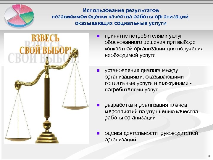 Использование результатов независимой оценки качества работы организаций, оказывающих социальные услуги n принятие потребителями услуг