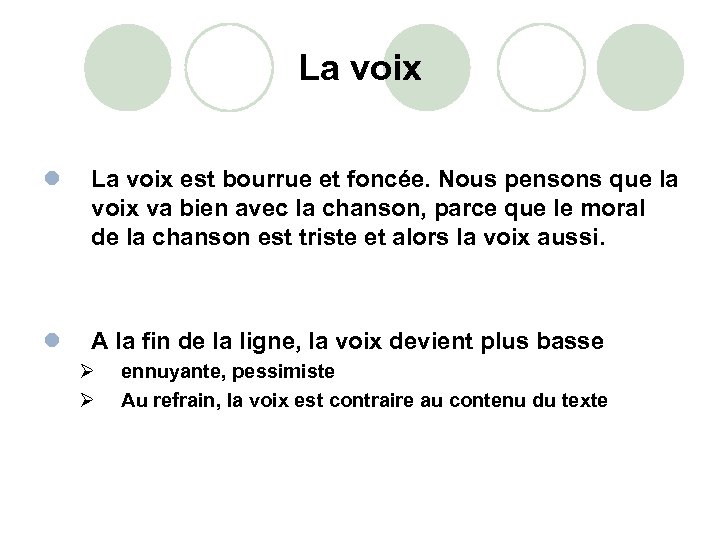 La voix l La voix est bourrue et foncée. Nous pensons que la voix