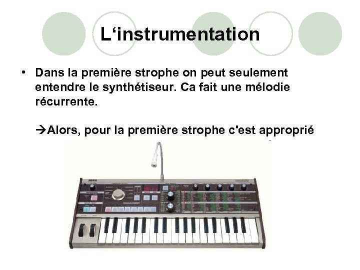 L‘instrumentation • Dans la première strophe on peut seulement entendre le synthétiseur. Ca fait