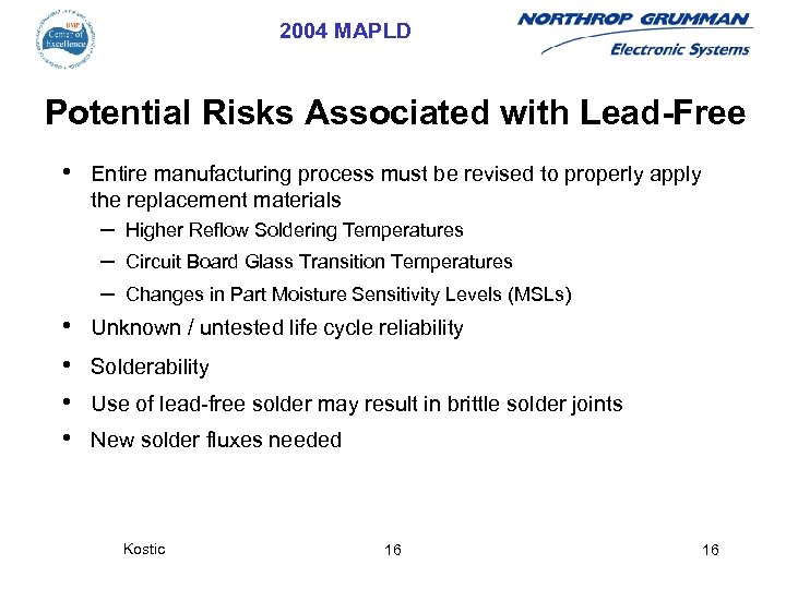 2004 MAPLD Potential Risks Associated with Lead-Free • Entire manufacturing process must be revised