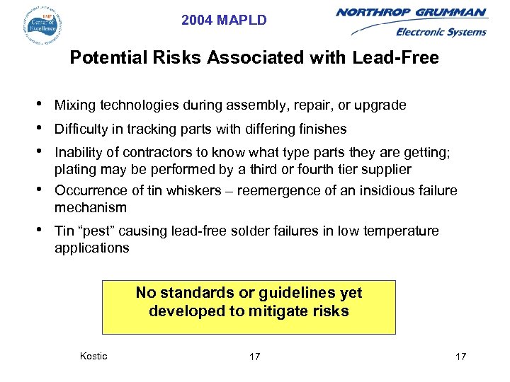 2004 MAPLD Potential Risks Associated with Lead-Free • • • Mixing technologies during assembly,