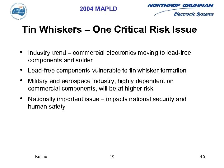2004 MAPLD Tin Whiskers – One Critical Risk Issue • Industry trend – commercial