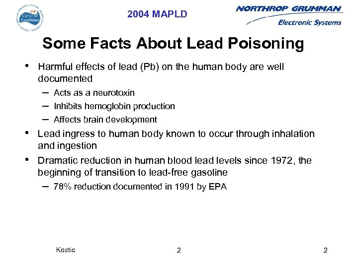 2004 MAPLD Some Facts About Lead Poisoning • Harmful effects of lead (Pb) on
