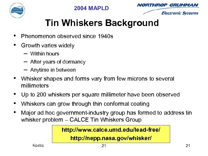 2004 MAPLD Tin Whiskers Background • • Phenomenon observed since 1940 s Growth varies