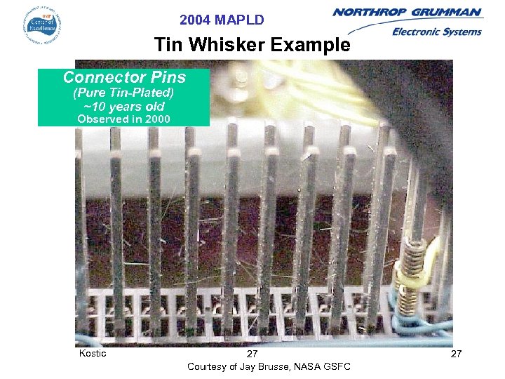 2004 MAPLD Tin Whisker Example Connector Pins (Pure Tin-Plated) ~10 years old Observed in