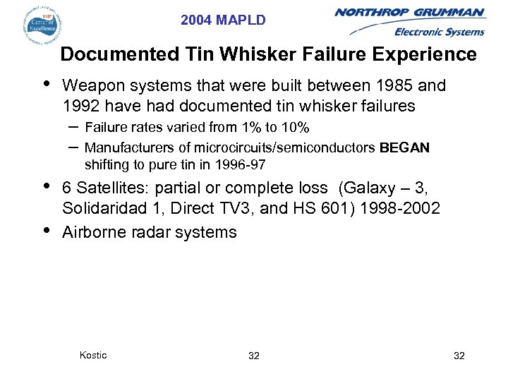 2004 MAPLD Documented Tin Whisker Failure Experience • Weapon systems that were built between