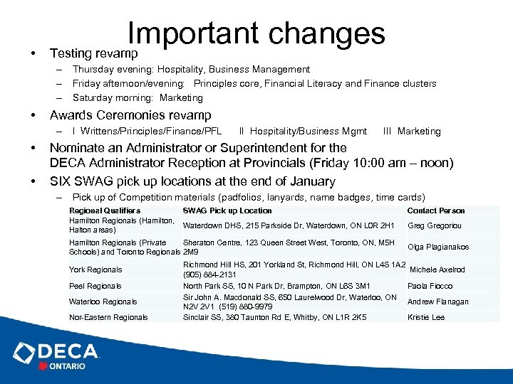  • Important changes Testing revamp – Thursday evening: Hospitality, Business Management – Friday