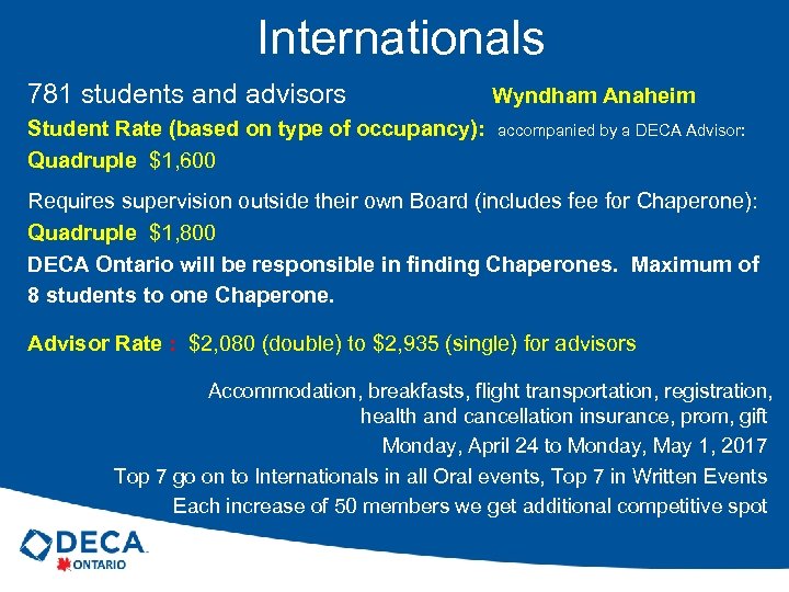 Internationals 781 students and advisors Wyndham Anaheim Student Rate (based on type of occupancy):