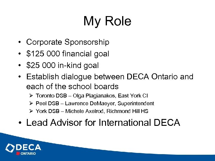 My Role • • Corporate Sponsorship $125 000 financial goal $25 000 in-kind goal