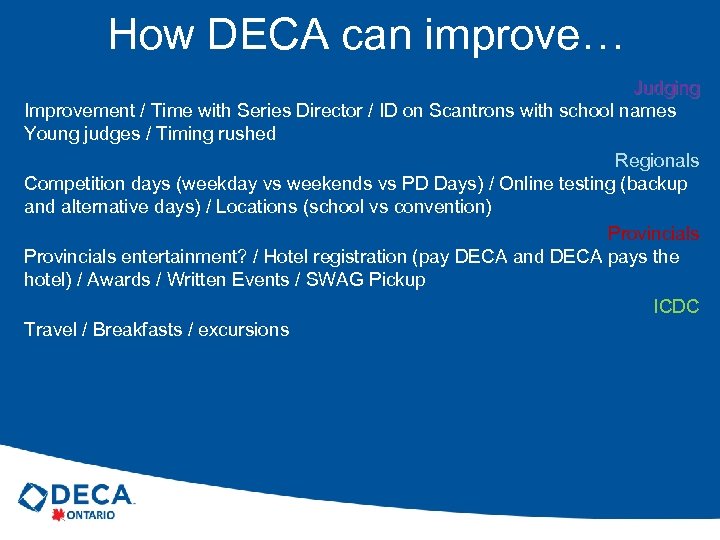 How DECA can improve… Judging Improvement / Time with Series Director / ID on
