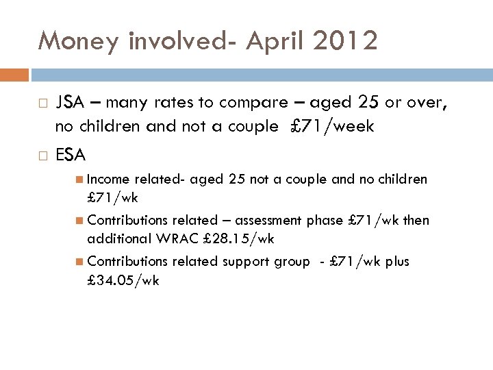 Money involved- April 2012 JSA – many rates to compare – aged 25 or