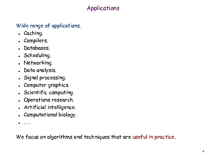 Applications Wide range of applications. Caching. Compilers. Databases. Scheduling. Networking. Data analysis. Signal processing.