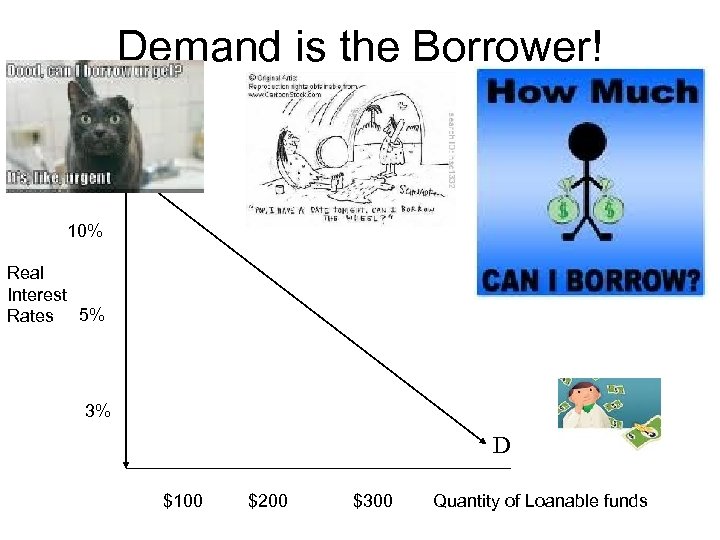 Demand is the Borrower! 10% Real Interest Rates 5% 3% D $100 $200 $300